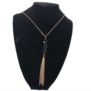Vintage Gold & Black Bead Tassel Necklace